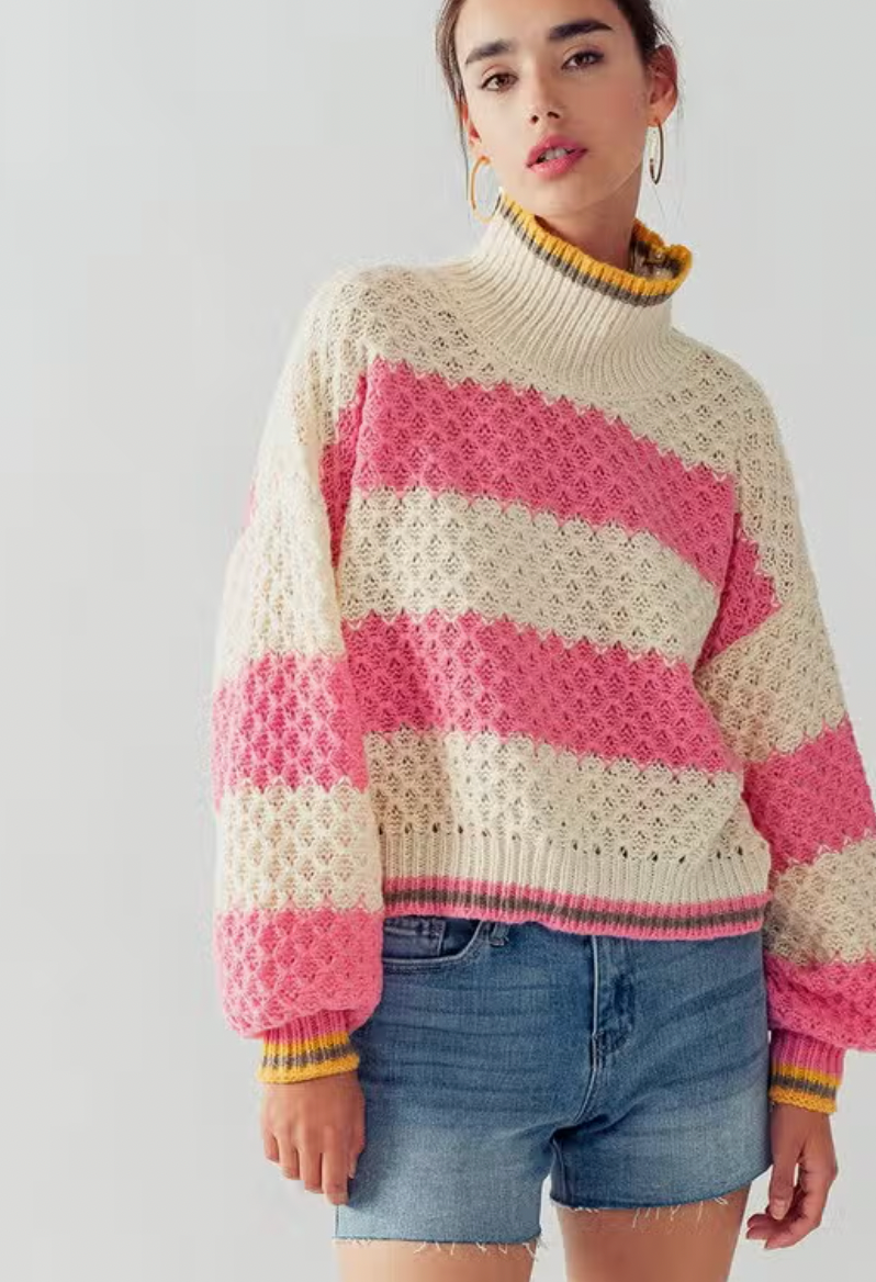 Puff Sleeved Stripe Turtleneck Sweater