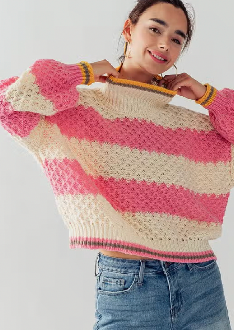 Puff Sleeved Stripe Turtleneck Sweater